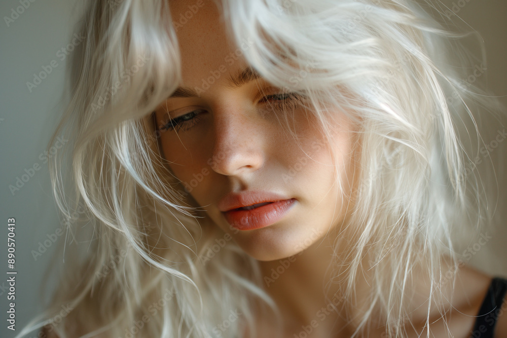 Naklejka premium Pretty sad female woman with long white blonde tousled hair.