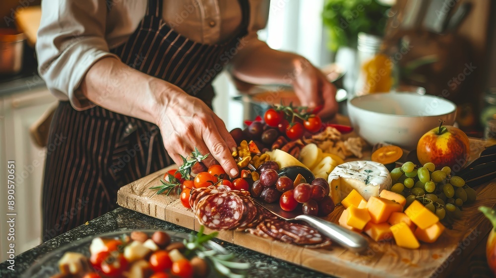 Obraz premium Food blogger preparing a colorful charcuterie board filled with cheese, fruit, and nuts in a rustic kitchen