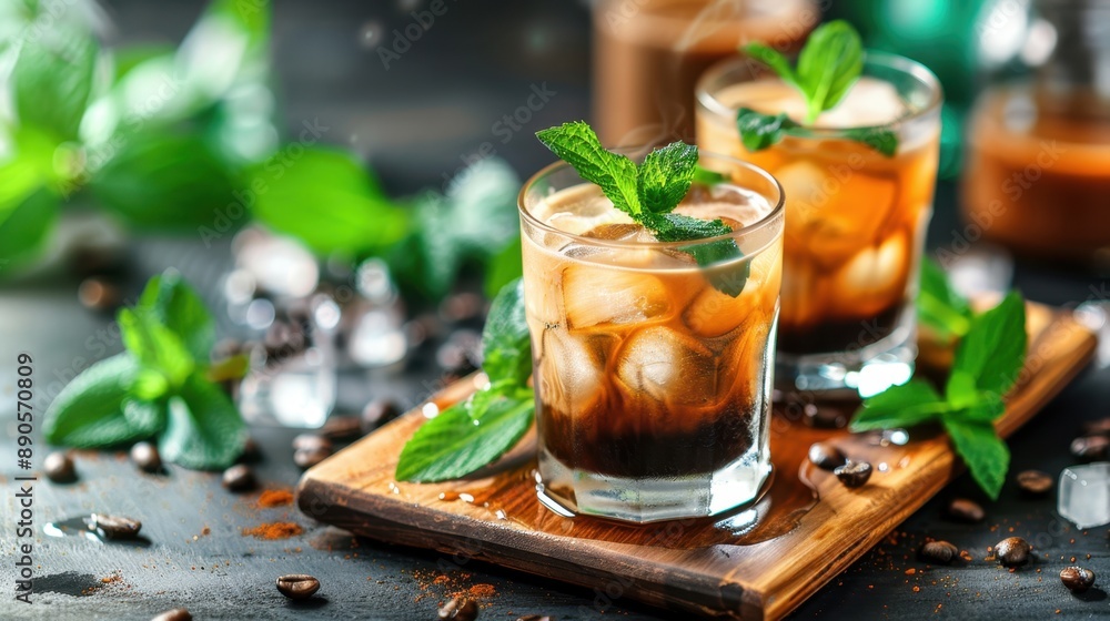 Iced coffee with mint leaves, refreshing touch, Iced coffee with mint leaves, refreshing touch,