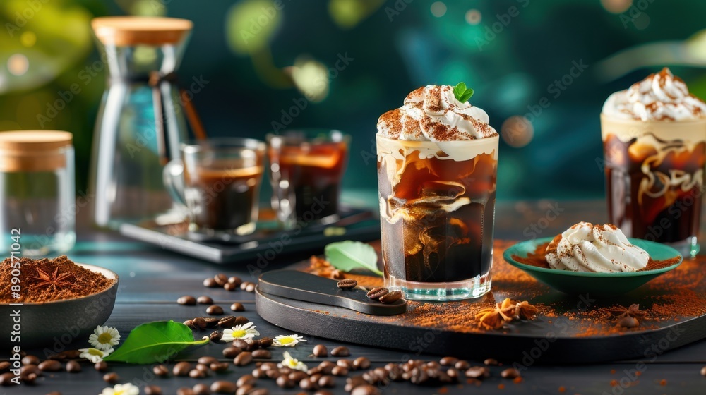 Iced coffee with whipped cream, indulgent treat, Iced coffee with whipped cream, indulgent treat,