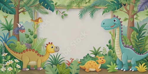 Fototapeta Naklejka Na Ścianę i Meble -  Jungle scrapbook page with cute dinosaur in corner Forest with dinosaurs and foliage for kids AI-Created Content