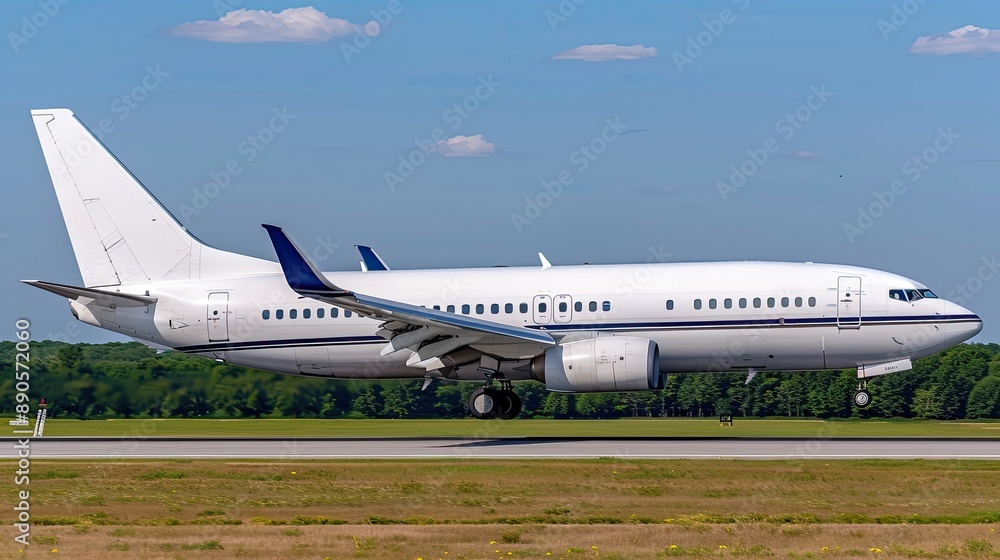 A large commercial airplane takes off from a paved airport runway, surrounded by green grass and a view of distant mountains A large commercial airplane takes off from a paved airport runway, surrounded by green grass and a view of distant mountains