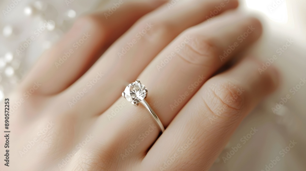 Close up on a wedding ring with a diamond on a woman's hand. Marrying and vows concept motif Close up on a wedding ring with a diamond on a woman's hand. Marrying and vows concept motif