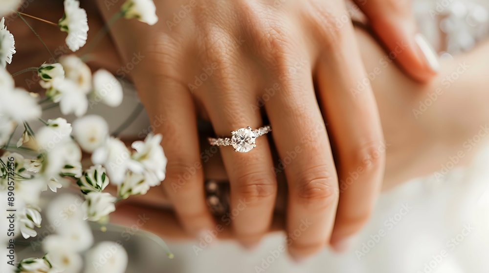 Close up on a wedding ring with a diamond on a woman's hand. Marrying and vows concept motif Close up on a wedding ring with a diamond on a woman's hand. Marrying and vows concept motif