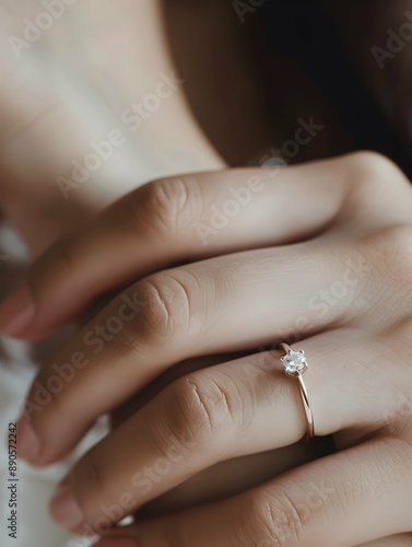 Close up on a wedding ring with a diamond on a woman's hand. Marrying and vows concept motif © PSCL RDL