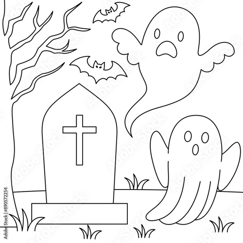 Gravestone and Ghosts Halloween Outline Coloring Page