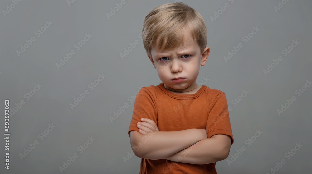 Mad male kid, angry little boy standing with his arms crossed, and looking at the camera with upset face expression. Unhappy toddler, studio shot, annoyed and frustrated child emotion Mad male kid, angry little boy standing with his arms crossed, and looking at the camera with upset face expression. Unhappy toddler, studio shot, annoyed and frustrated child emotion
