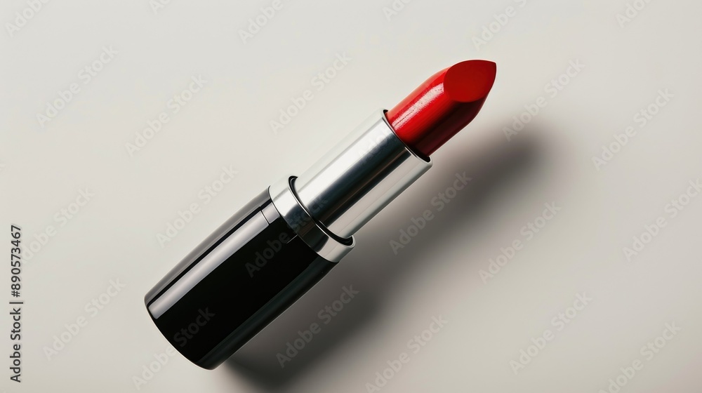 Close-up of a vibrant red lipstick in a sleek black tube against a white background, perfectly angled. Close-up of a vibrant red lipstick in a sleek black tube against a white background, perfectly angled.