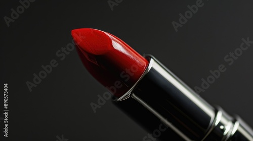 Close-up of a red lipstick bullet with a sharp, precise tip, isolated on black.