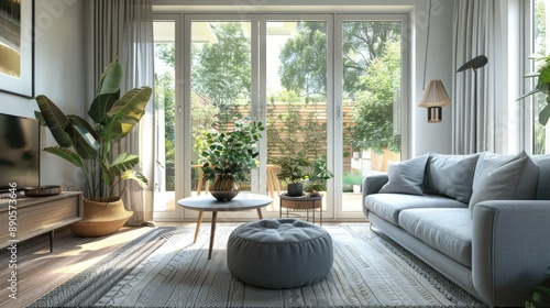 Cozy living room with a gray sofa, coffee table, and a large window letting in natural light.