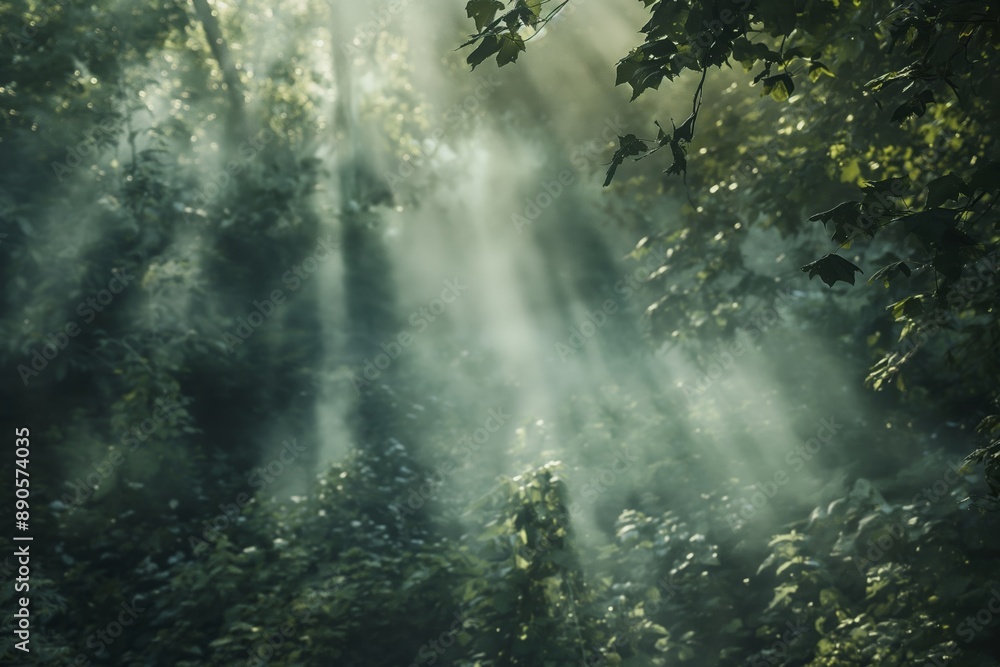 Sunlight beams penetrate through dense forest foliage creating a misty, serene, and tranquil atmosphere in the woods. Sunlight beams penetrate through dense forest foliage creating a misty, serene, and tranquil atmosphere in the woods.