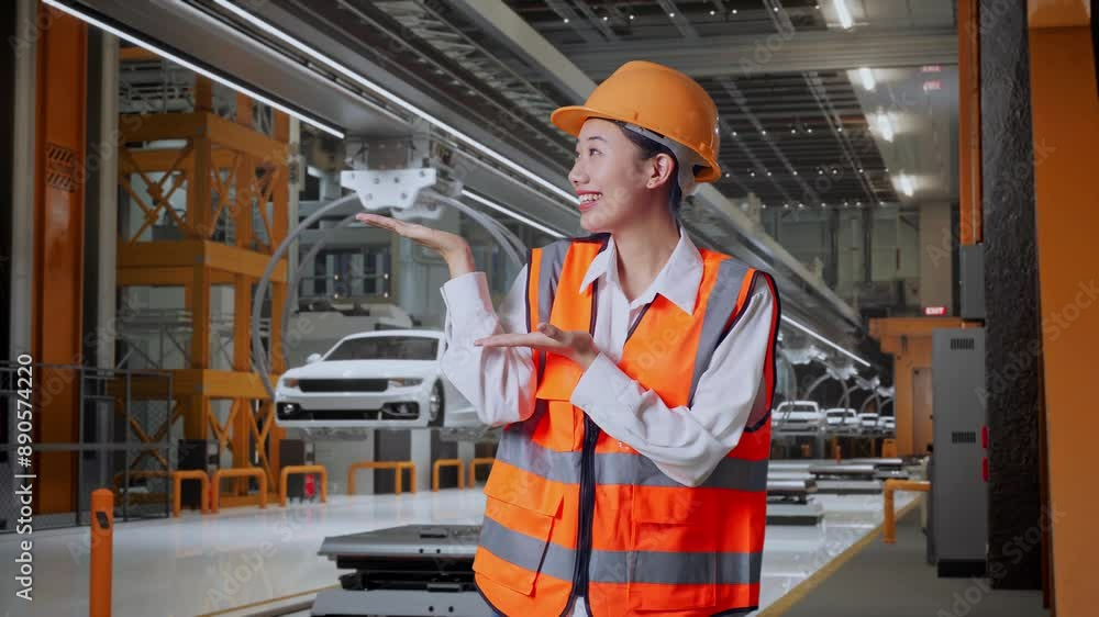 Asian Female Engineer With Safety Helmet Smiling And Pointing To Side While Standing In EV Car Factory Asian Female Engineer With Safety Helmet Smiling And Pointing To Side While Standing In EV Car Factory
