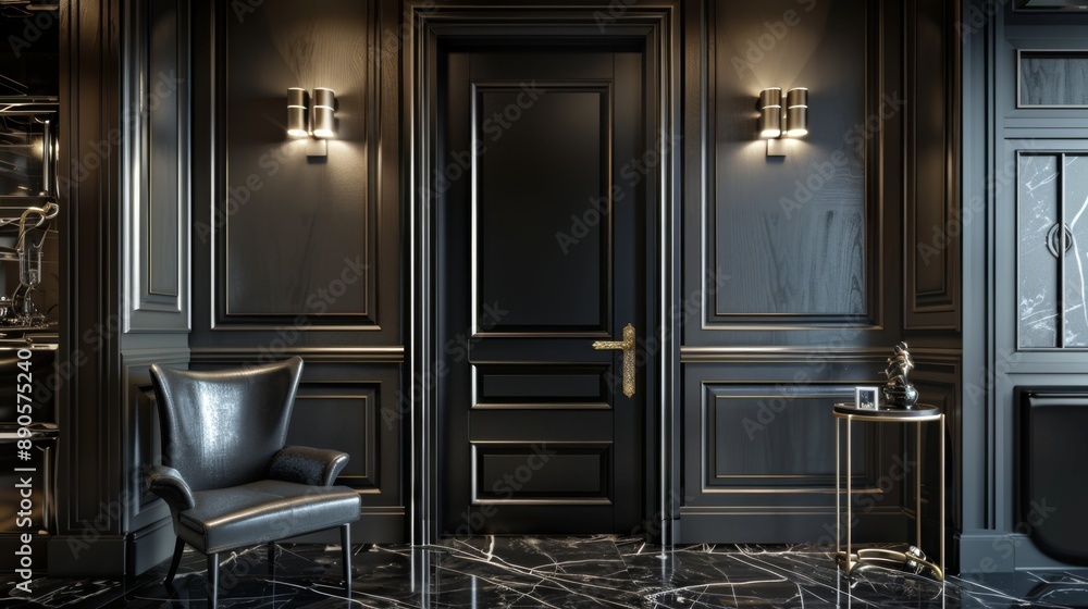 Black Doorway with Golden Accents in Luxury Interior. Black Doorway with Golden Accents in Luxury Interior.