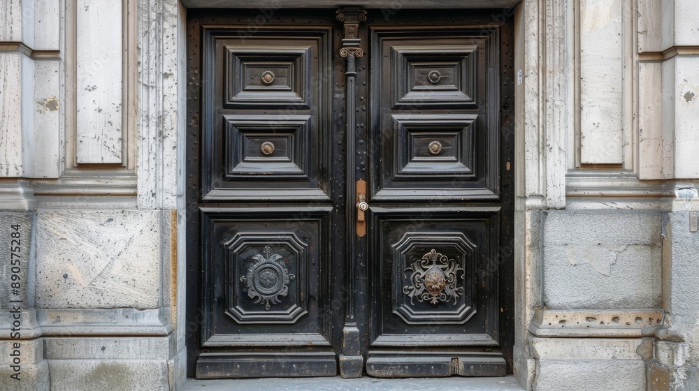 Old Black Double Door With Intricate Carvings. Old Black Double Door With Intricate Carvings.