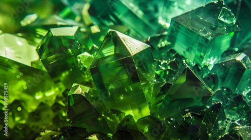 Close-up of vibrant green crystals, showcasing their intricate facets and reflective surfaces. Perfect for geology and gem-related content. photo