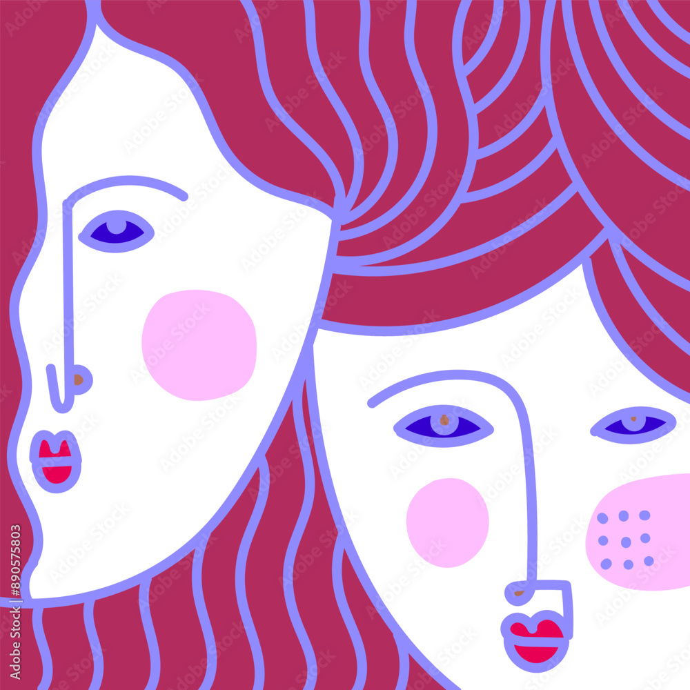 Fototapeta premium Abstract face portrait woman and man geometric doodle line art hand drawn vector illustration. Aesthetic vintage people wall art, decoration, art print, poster, cover design.