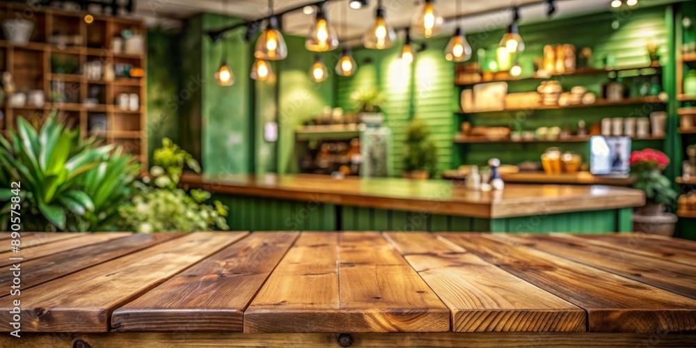 Rustic Wooden Table in a Green and Brown Cafe Rustic Wooden Table in a Green and Brown Cafe