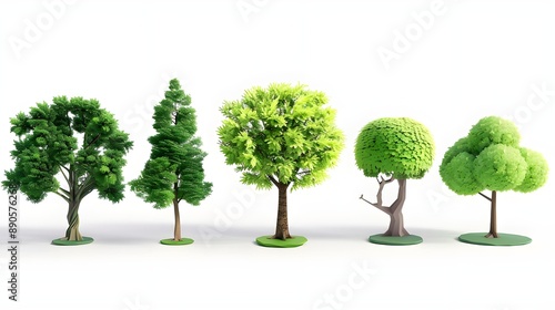 Fototapeta Naklejka Na Ścianę i Meble -  Collection of 3d cartoon clipart green trees isolated on white background