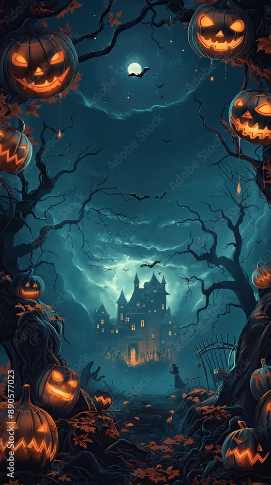 Haunted House Halloween Scene with Jack-o'-Lanterns and Bats, Perfect for Halloween Banners Haunted House Halloween Scene with Jack-o'-Lanterns and Bats, Perfect for Halloween Banners