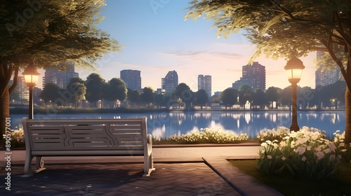 Bench in the park by the lake at sunset. Panorama.