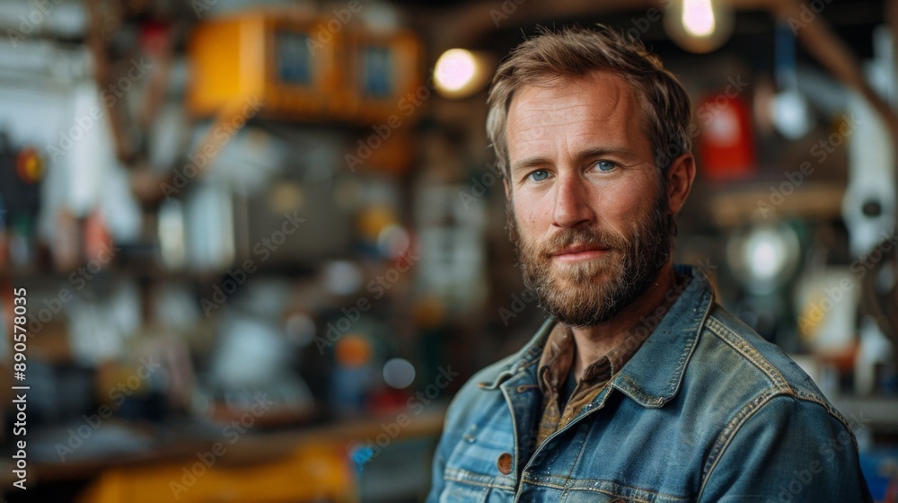 male worker stands in a workshop against an industrial background. male worker stands in a workshop against an industrial background.