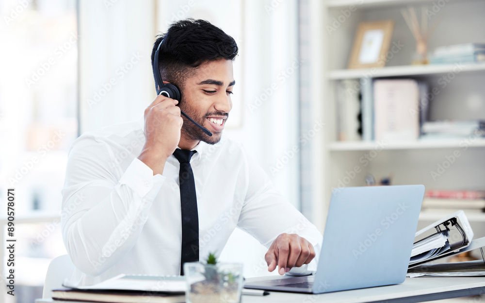 Call center, laptop and businessman with microphone for helping, answer inquiry and address concern. Office, headset and male agent for faq questions, support and customer service for telemarketing Call center, laptop and businessman with microphone for helping, answer inquiry and address concern. Office, headset and male agent for faq questions, support and customer service for telemarketing
