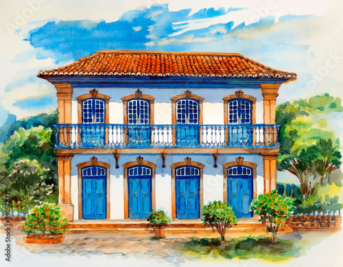 Pintura em aquarela de casa colonial barroca tradicional com jardim ao redor. Casarão tradicional semelhante aos de Ouro Preto, Salvador, Paraty.