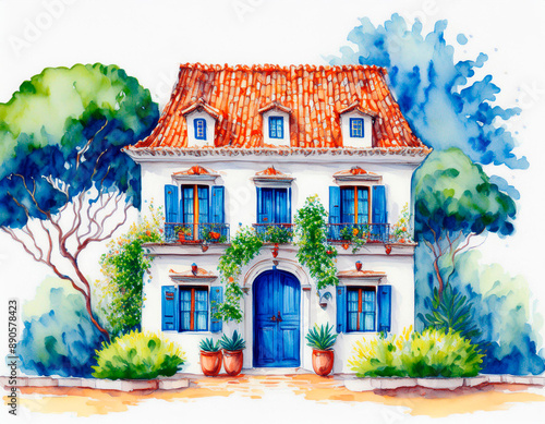 Pintura em aquarela de casa colonial barroca tradicional com jardim ao redor. Casarão tradicional semelhante aos de Ouro Preto, Salvador, Paraty.