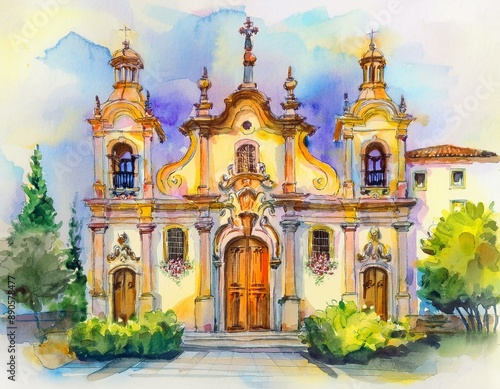 Igreja barroca em aquarela com jardim ao redor. 