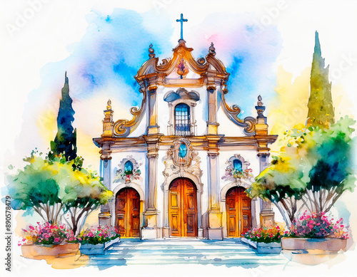 Igreja barroca em aquarela com jardim ao redor. 