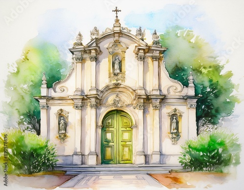 Igreja barroca em aquarela com jardim ao redor. 