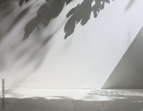 Parede branca vazia e piso de estúdio com sombras de folhagens refletidas. Fundo minimalista para produtos ou texto.