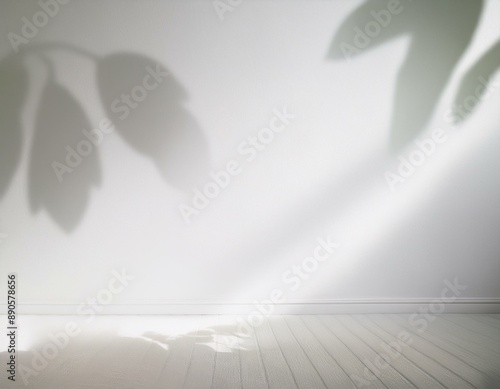 Parede branca vazia e piso de estúdio com sombras de folhagens refletidas. Fundo minimalista para produtos ou texto.