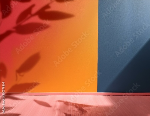 Parede amarela e azul petróleo vazia e piso de estúdio com sombras de folhagens refletidas. Fundo minimalista para produtos ou texto.