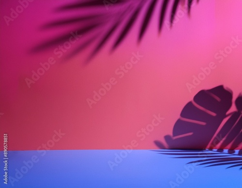 Parede rosa vazia e piso de estúdio com sombras de folhagens refletidas. Fundo minimalista para produtos ou texto.