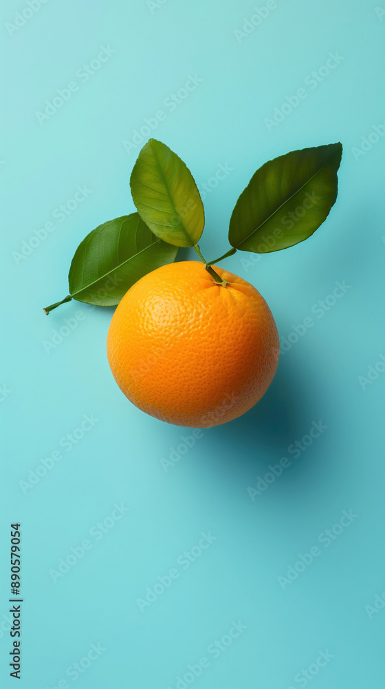 Orange fruit with leaves. Orange fruit branch on pastel blue turquoise background, studio minimal concept. Minimalist summer orange fruit citrus food concept, top view. Realistic Photo Orange fruit with leaves. Orange fruit branch on pastel blue turquoise background, studio minimal concept. Minimalist summer orange fruit citrus food concept, top view. Realistic Photo