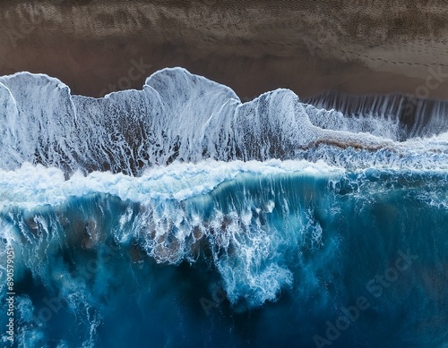 Onda no mar azul e branca bate na areia criando desenhos de espuma. Visão de cima para baixo. 