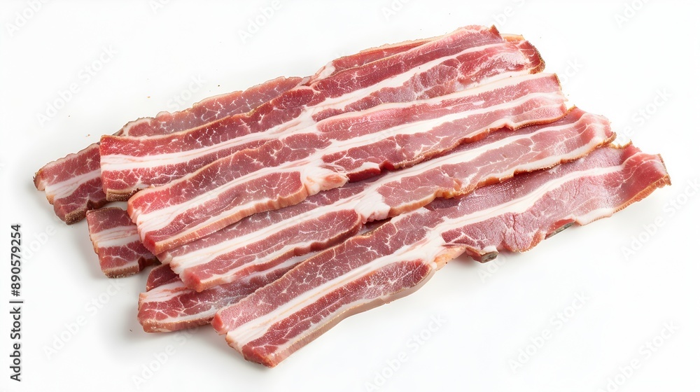 Raw Strips of Bacon Laid Out on White Background for Breakfast Raw Strips of Bacon Laid Out on White Background for Breakfast