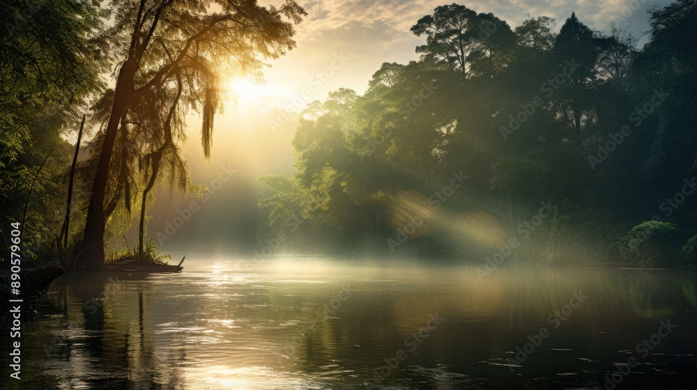Sunbeams through the Mist on a Forest River. Sunbeams through the Mist on a Forest River.