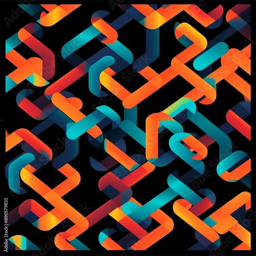 A dynamic pattern of overlapping geometric shapes in vibrant colors of orange, teal, and red on a black background. The design is abstract, creating a modern and visually engaging effect