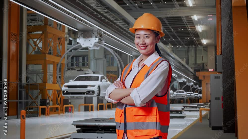 Side View Of Asian Female Engineer With Safety Helmet Crossing Her Arms And Smiling While Standing In EV Car Factory Side View Of Asian Female Engineer With Safety Helmet Crossing Her Arms And Smiling While Standing In EV Car Factory