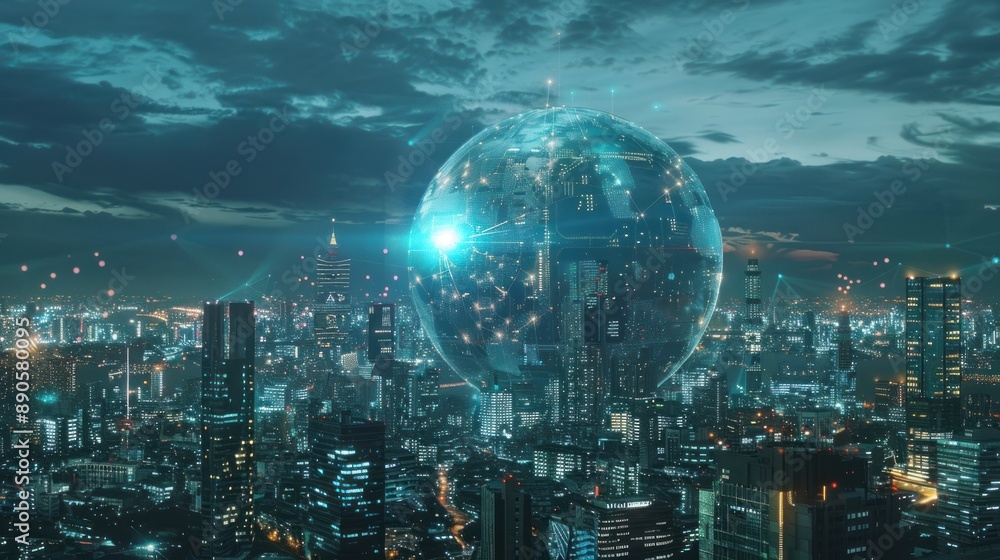 Naklejka premium smart city connected with mobile internet. AI controls city infrastructure, data traffic, ensures security