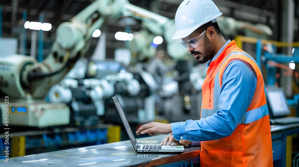 Factory Engineer in High Visibility Vest Using laptop computer. Industrial Manufacturing Production with Robotic Technology Factory Engineer in High Visibility Vest Using laptop computer. Industrial Manufacturing Production with Robotic Technology