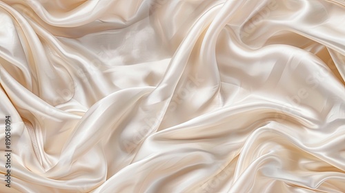 A close up image of creamy white satin fabric with soft, smooth folds and wrinkles