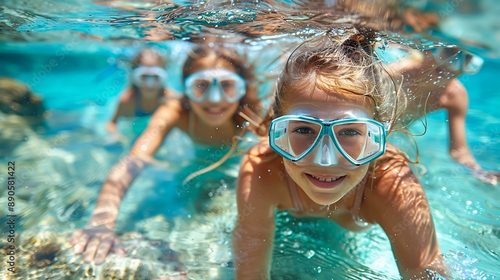 Fototapeta premium Children having fun underwater with goggles in a clear blue swimming pool or ocean, smiling at the camera, ideal for summer vacation, adventure, and family holiday concepts.