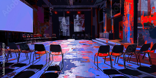 The Divided Gallery of Debate: An empty debate hall, with opposing teams' posters torn down and scattered about