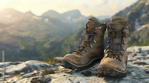 A pair of hiking boots on a rock with a beautiful mountain landscape in the background. © Berivan
