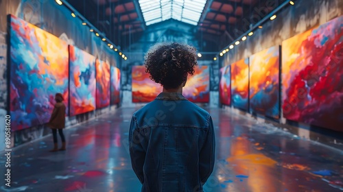 A person with curly hair is seen admiring colorful abstract paintings in a well-lit modern art gallery, the scene accentuates creativity and contemplation, ideal for use in art promotion 