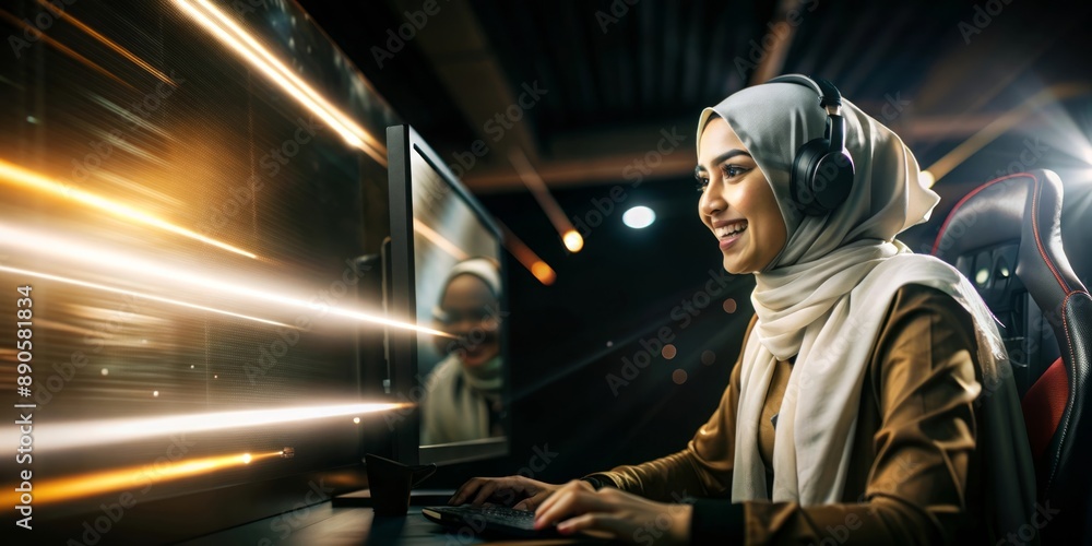 Smiling Gamer Girl with Headphones in a Lit Up Gaming Room Smiling Gamer Girl with Headphones in a Lit Up Gaming Room