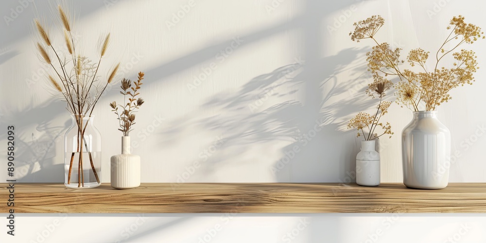Obraz premium Wooden shelf with empty space, rustic style, decorated with vases and dry flowers, mockup